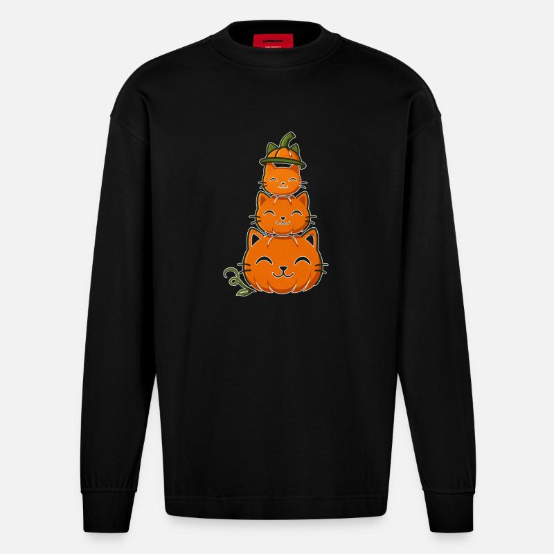 Happy Pumpkin Cat Stack - Manches longues bio épais oversize fabriqué en UE - SOLID BLACK