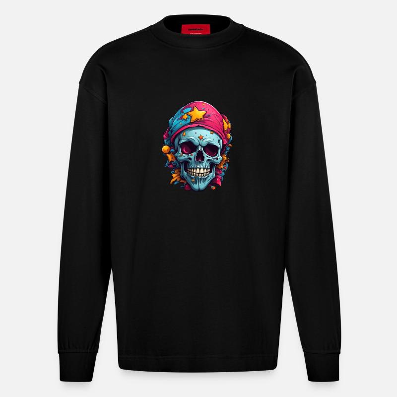 Dekorativer bunter Skull - Heavyweight Oversized Organic Langarmshirt Made in EU - SOLID BLACK