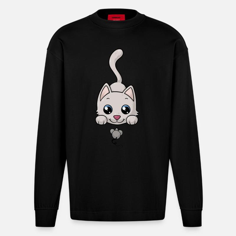 Süße Comic Katze - Heavyweight Oversized Organic Langarmshirt Made in EU - SOLID BLACK