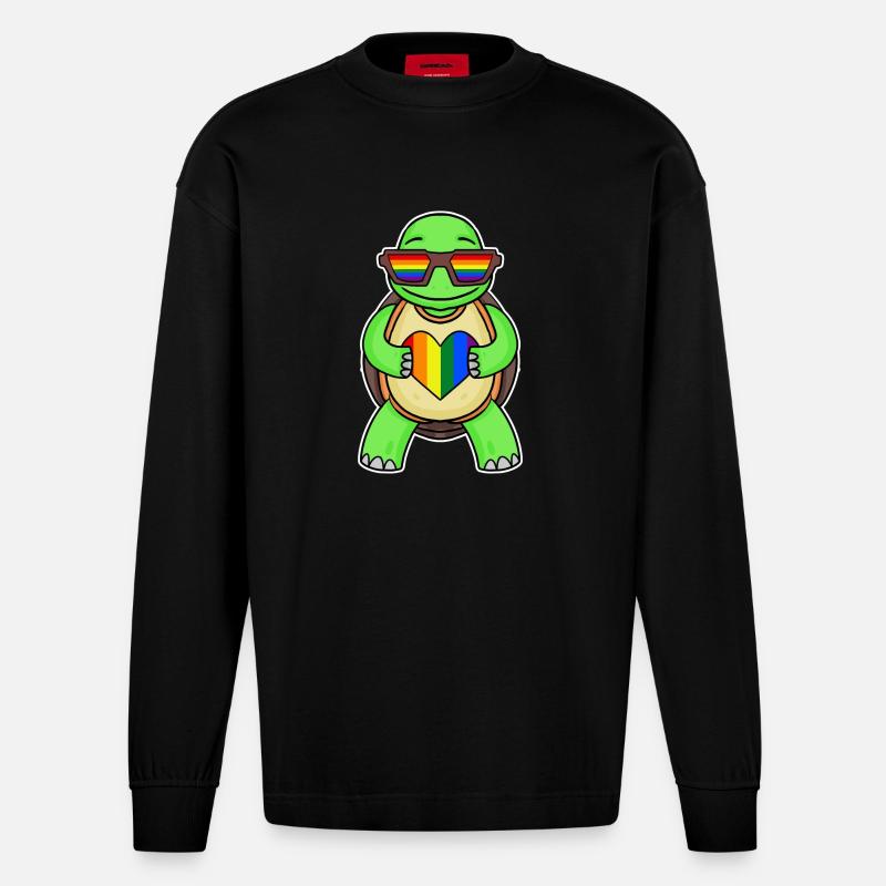 Rainbow Turtle - Heavyweight Oversized Organic Longsleeve Shirt Made in EU - SOLID BLACK