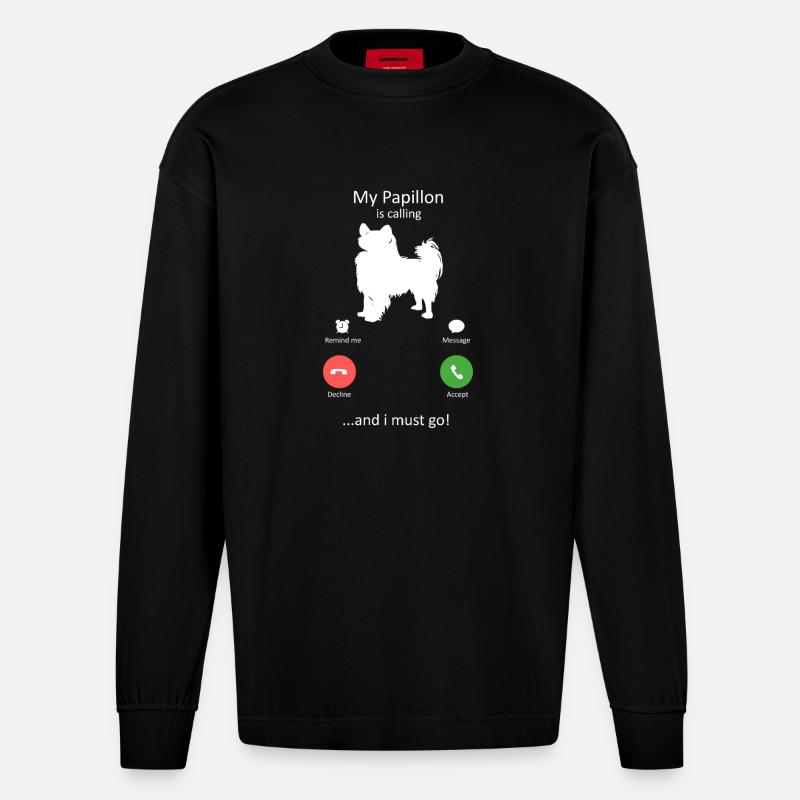 Papillon Dog Calling Smartphone Interface - Heavyweight Oversized Organic Longsleeve Shirt Made in EU - SOLID BLACK