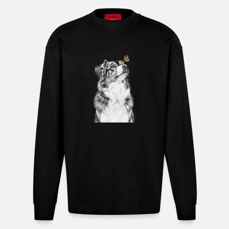 Aussie blickt Schmetterling Australian Shepherd - Heavyweight Oversized Organic Langarmshirt Made in EU - SOLID BLACK