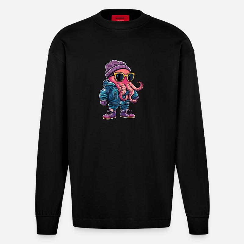 Oktopus Winter Comic - Heavyweight Oversized Organic Langarmshirt Made in EU - SOLID BLACK