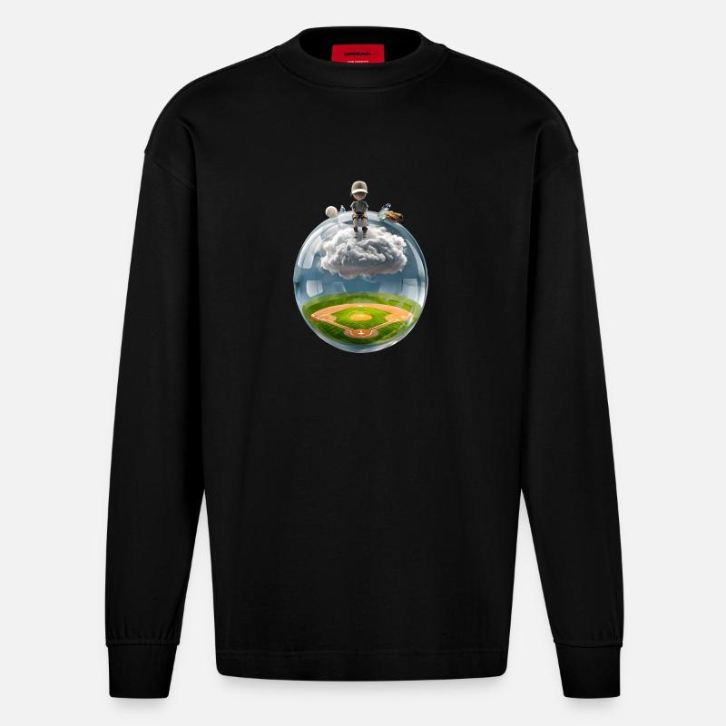 Surreale Glaskugel mit Baseballfeld - Heavyweight Oversized Organic Langarmshirt Made in EU - SOLID BLACK