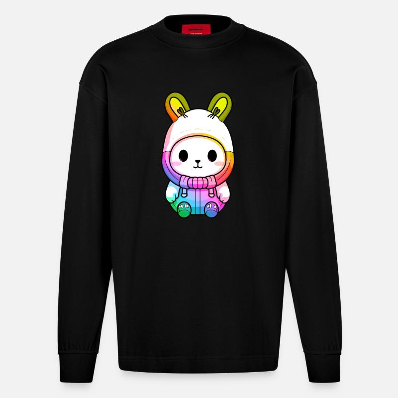 Hase Winter Tier Bunt Comic - Heavyweight Oversized Organic Langarmshirt Made in EU - SOLID BLACK