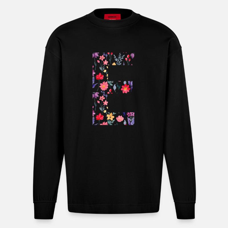 Personalisierter Blumenbuchstabe E - Geschenkidee - Heavyweight Oversized Organic Langarmshirt Made in EU - SOLID BLACK