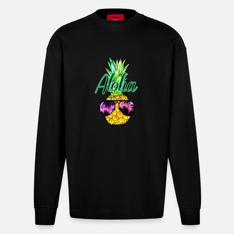 Ananas Aloha - Heavyweight Oversized Organic Langarmshirt Made in EU - SOLID BLACK