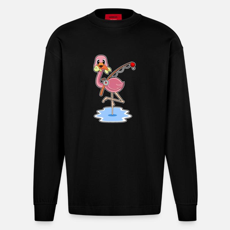 Flamant rose Pêcheur Pêche - Manches longues bio épais oversize fabriqué en UE - SOLID BLACK