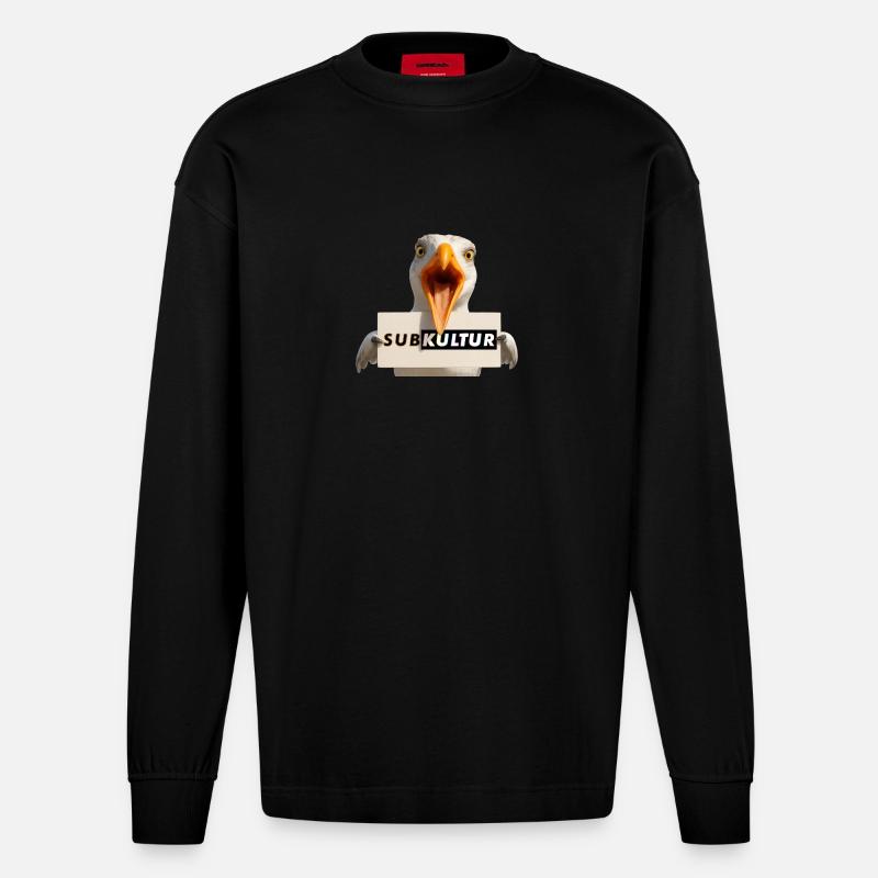 SUBKULTUR Möwe mit Schild - Heavyweight Oversized Organic Langarmshirt Made in EU - SOLID BLACK