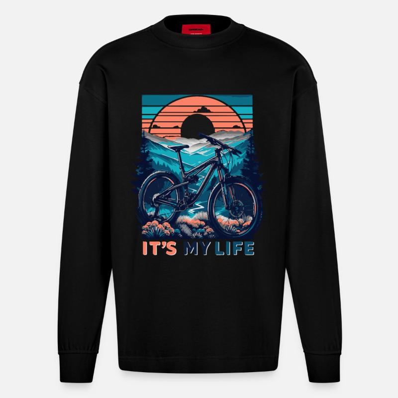 VTT coucher de soleil aventure design - Manches longues bio épais oversize fabriqué en UE - SOLID BLACK