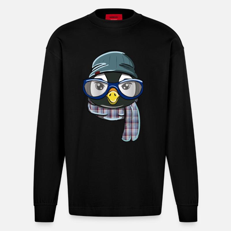 Hipster Pinguin - Heavyweight Oversized Organic Langarmshirt Made in EU - SOLID BLACK