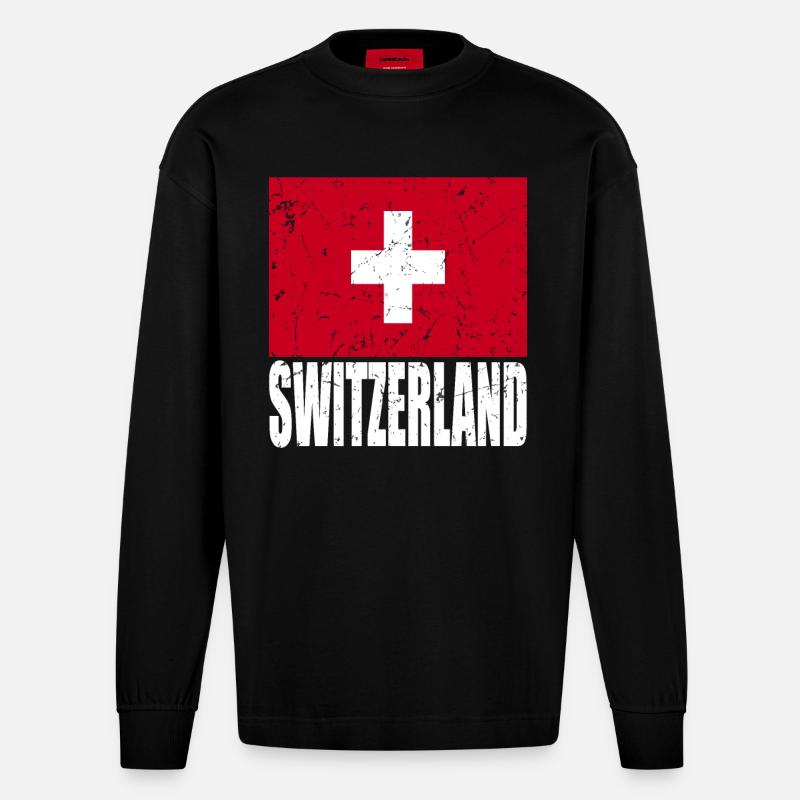 Drapeau de la Suisse - Manches longues bio épais oversize fabriqué en UE - SOLID BLACK