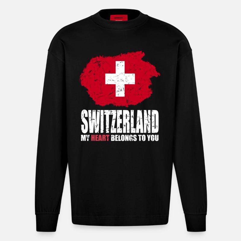 Drapeau de la Suisse - Manches longues bio épais oversize fabriqué en UE - SOLID BLACK