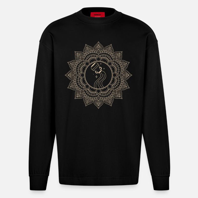 Wassermann Sternzeichen Mandala - Heavyweight Oversized Organic Langarmshirt Made in EU - SOLID BLACK