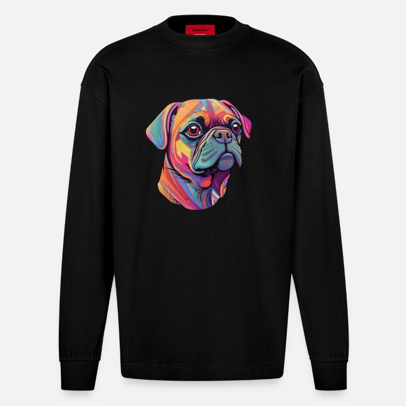 Mops Kopf - Heavyweight Oversized Organic Langarmshirt Made in EU - SOLID BLACK