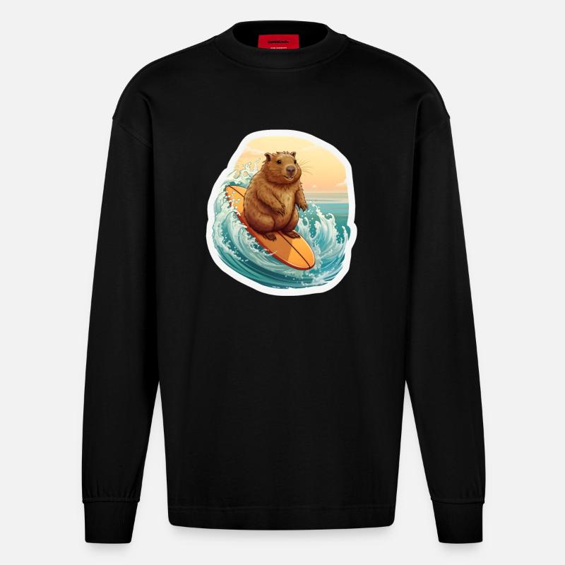 Capybara Surfer - Heavyweight Oversized Organic Langarmshirt Made in EU - SOLID BLACK
