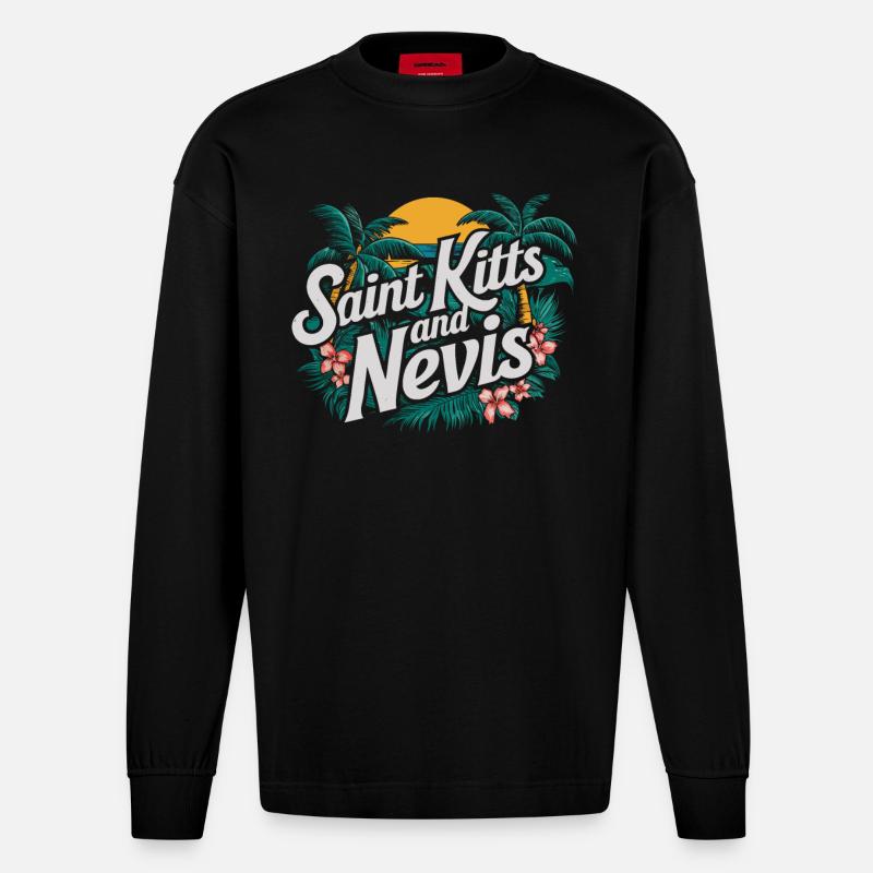Saint-Kitts-et-Nevis souvenir paradis tropical - Manches longues bio épais oversize fabriqué en UE - SOLID BLACK