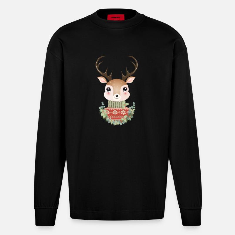 niedlicher Hirsch mit Pullover und Weihnachtskranz - Heavyweight Oversized Organic Langarmshirt Made in EU - SOLID BLACK