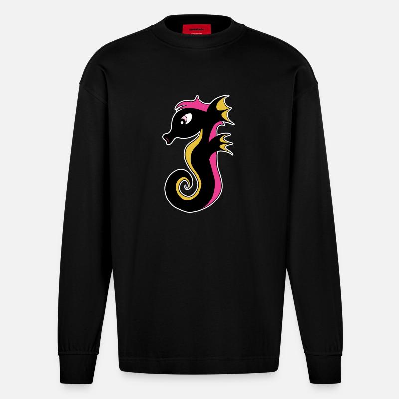 Blühendes Neon-Seepferdchen - Heavyweight Oversized Organic Langarmshirt Made in EU - SOLID BLACK