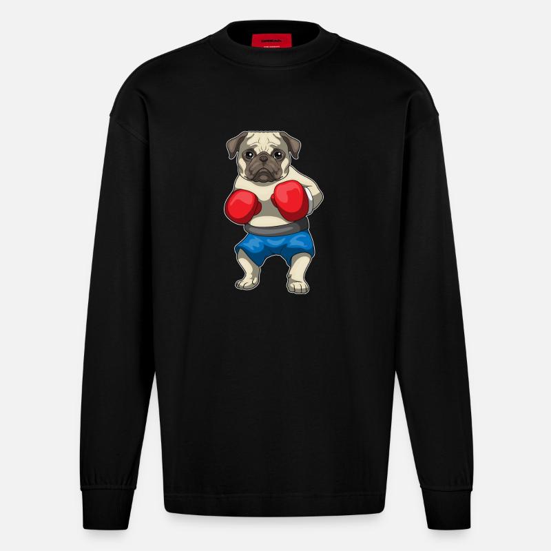 Mops Boxer Boxhandschuhe Boxen - Heavyweight Oversized Organic Langarmshirt Made in EU - SOLID BLACK