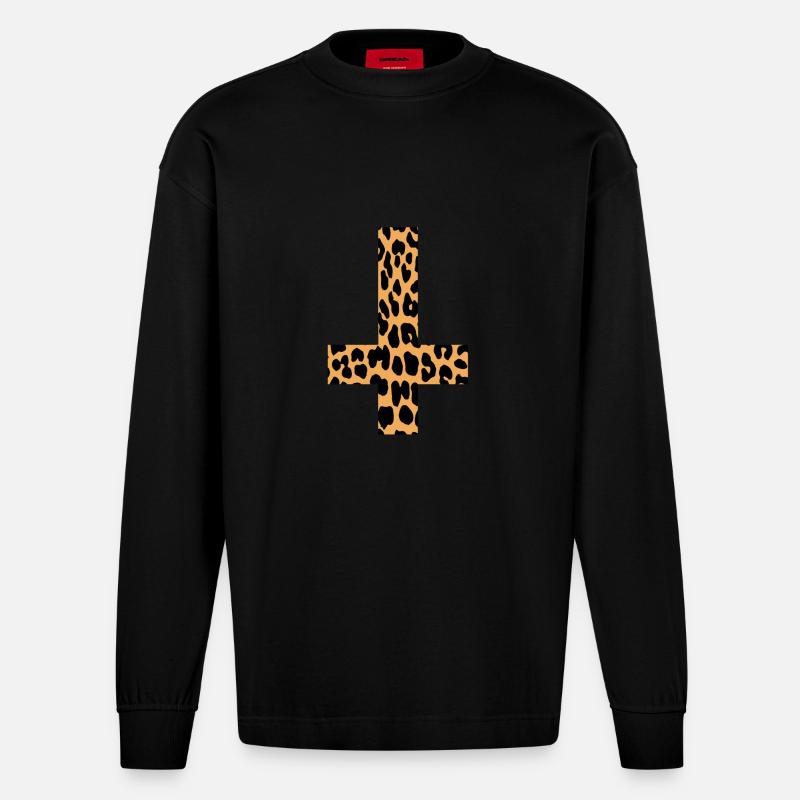 Leopard Inverted Cross - Heavyweight Oversized Organic Langarmshirt Made in EU - SOLID BLACK