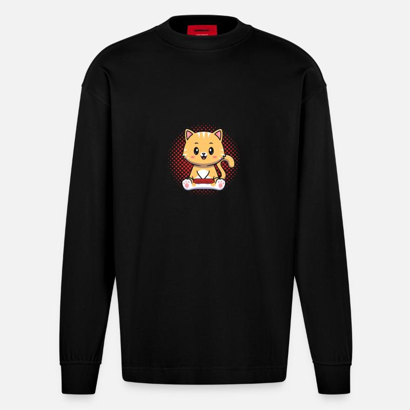 Harmonica Cat Cat Harmonica - Heavyweight Oversized Organic Longsleeve Shirt Made in EU - SOLID BLACK