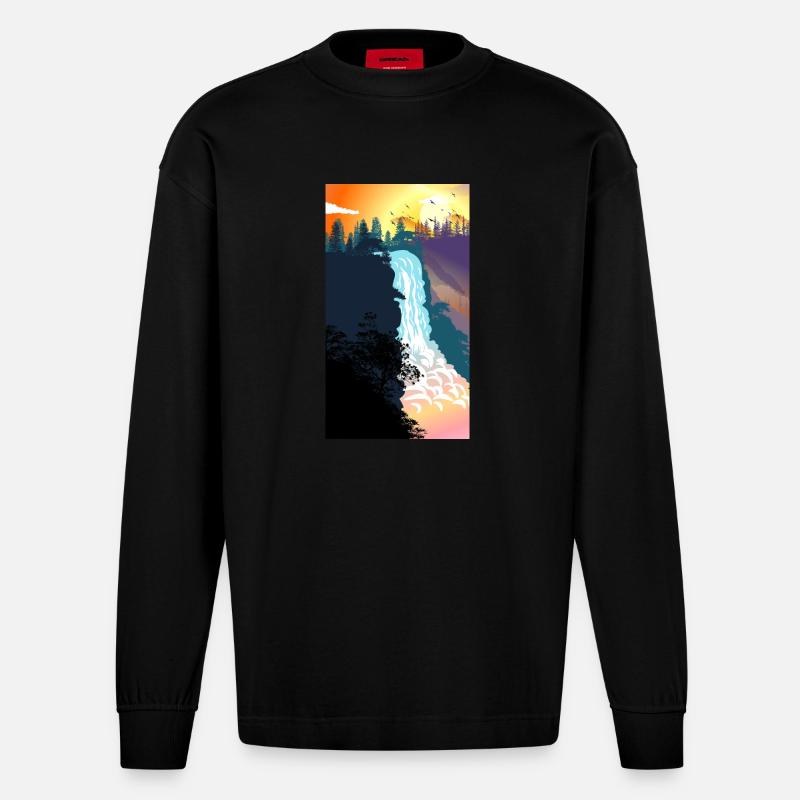 Coucher de soleil sur la cascade - Manches longues bio épais oversize fabriqué en UE - SOLID BLACK