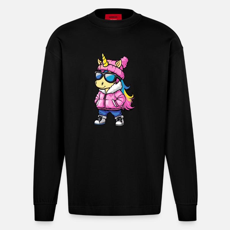 Einhorn Cool Comic - Heavyweight Oversized Organic Langarmshirt Made in EU - SOLID BLACK