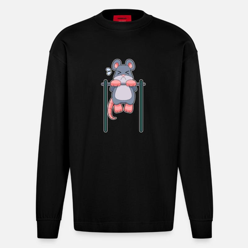 Mouse Bodybuilder Pull-Up Fitness - Heavyweight Oversized Organic Longsleeve Shirt Made in EU - SOLID BLACK