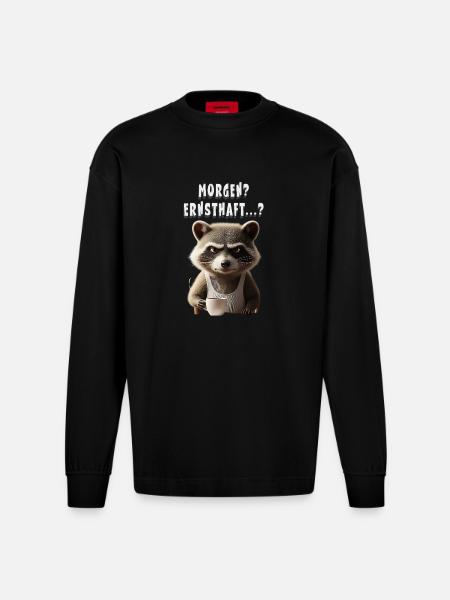 Grumpy raccoon with coffee saying morning grouch - Heavyweight Oversized Organic Longsleeve Shirt Made in EU - SOLID BLACK