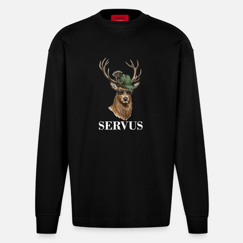 Hirsch Reh Servus - Heavyweight Oversized Organic Langarmshirt Made in EU - SOLID BLACK