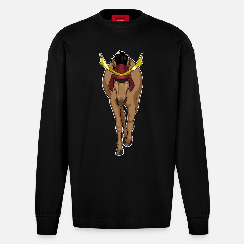 Pferd Samurai Kampfkunst - Heavyweight Oversized Organic Langarmshirt Made in EU - SOLID BLACK