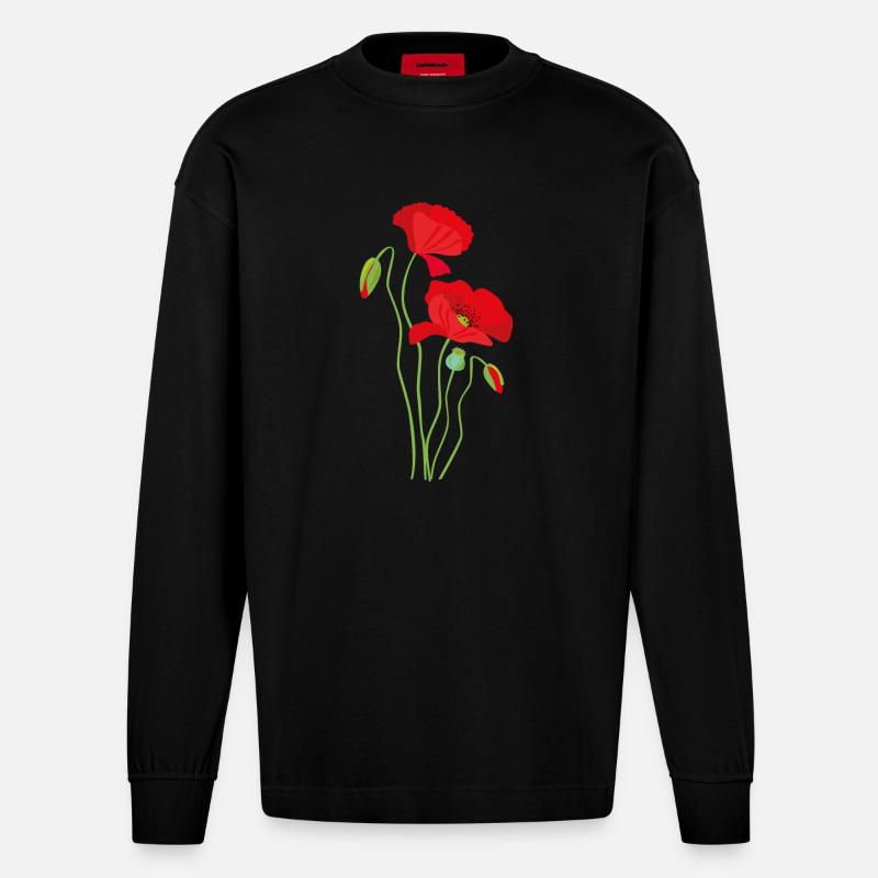 Mohn - Blumendesign - Heavyweight Oversized Organic Langarmshirt Made in EU - SOLID BLACK
