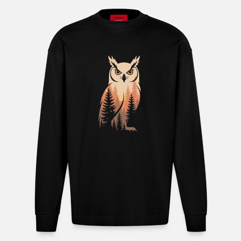 Eule Wald Natur - Heavyweight Oversized Organic Langarmshirt Made in EU - SOLID BLACK