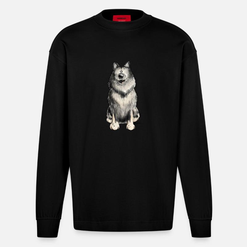 Glücklicher Wolfsspitz I Comic Hund Geschenk - Heavyweight Oversized Organic Langarmshirt Made in EU - SOLID BLACK