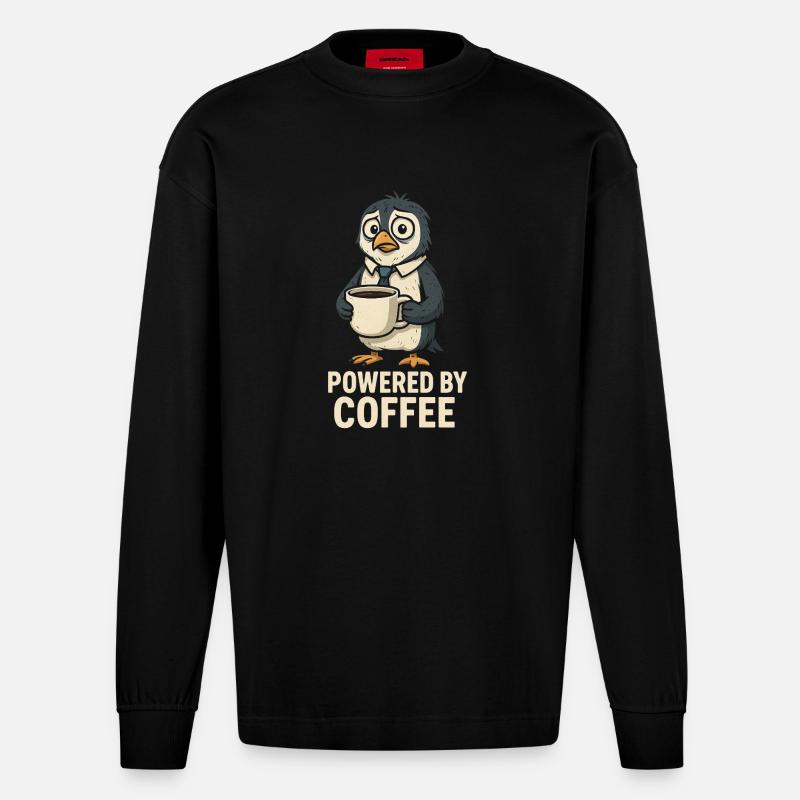 Kaffeepinguin mit Stil - Heavyweight Oversized Organic Langarmshirt Made in EU - SOLID BLACK