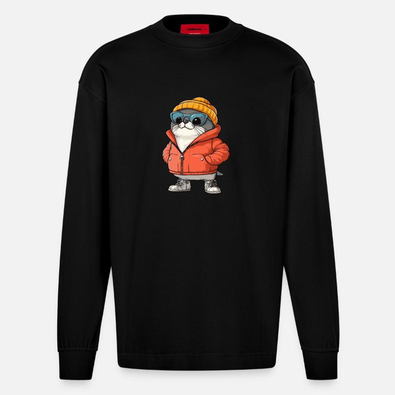 Robbe Tier Winter Comic - Heavyweight Oversized Organic Langarmshirt Made in EU - SOLID BLACK