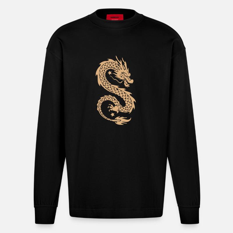 Silhouette dorée du Dragon Céleste - Manches longues bio épais oversize fabriqué en UE - SOLID BLACK