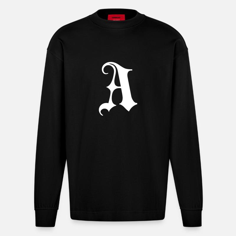 Gothic Monogram A Script - Heavyweight Oversized Organic Longsleeve Shirt Made in EU - SOLID BLACK