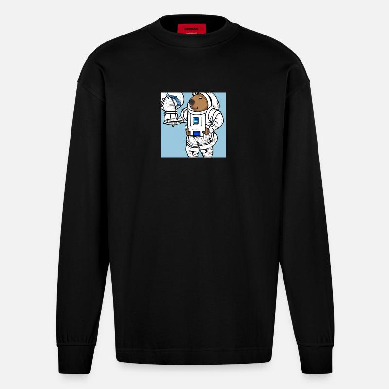 Capybara-Astronaut - Heavyweight Oversized Organic Langarmshirt Made in EU - SOLID BLACK