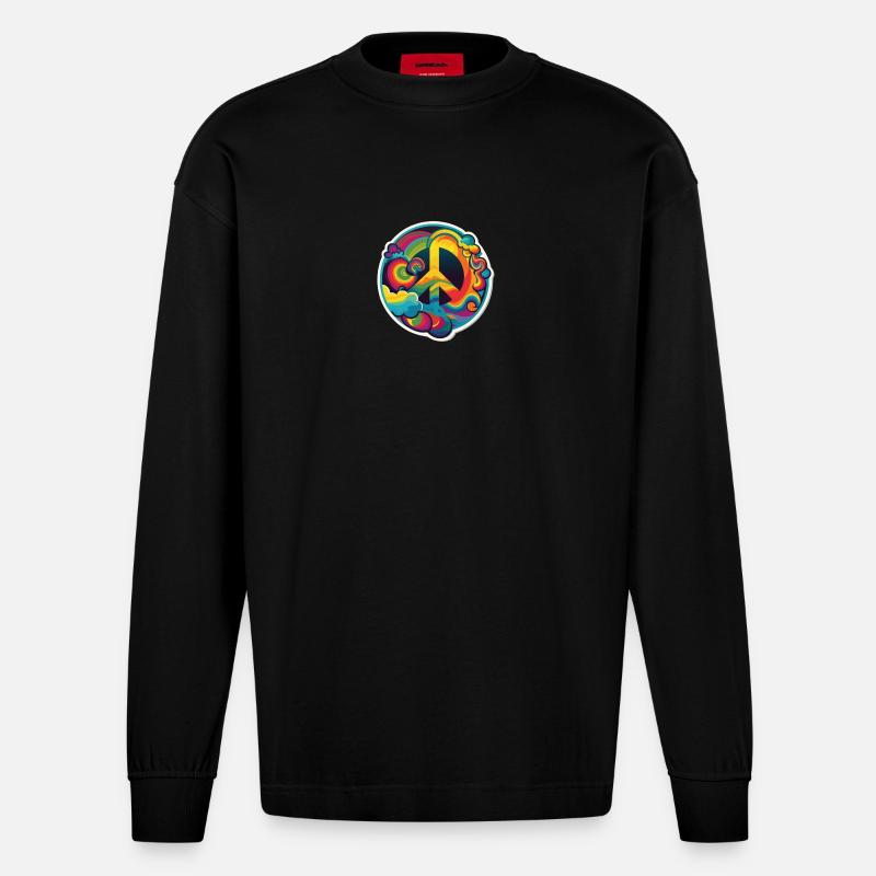 Psychedelisches Peace Zeichen - Heavyweight Oversized Organic Langarmshirt Made in EU - SOLID BLACK