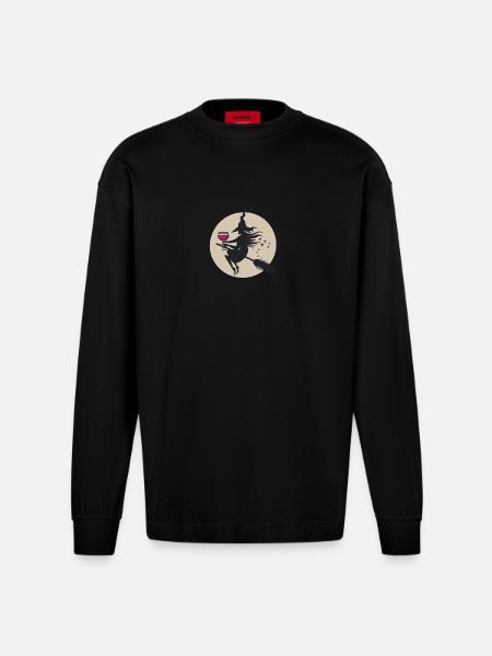 Moonlit Witch on Broom with Wine - Heavyweight Oversized Organic Longsleeve Shirt Made in EU - SOLID BLACK