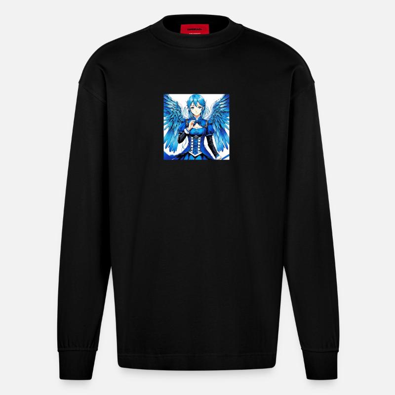 Blauer Engelsflügel Comic-Stil Print - Heavyweight Oversized Organic Langarmshirt Made in EU - SOLID BLACK