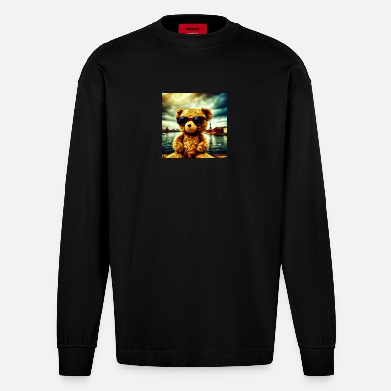 Teddy goes Wild - Heavyweight Oversized Organic Langarmshirt Made in EU - SOLID BLACK