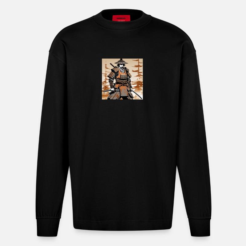 Samurai im Ocker-Rüstungsstil - Heavyweight Oversized Organic Langarmshirt Made in EU - SOLID BLACK
