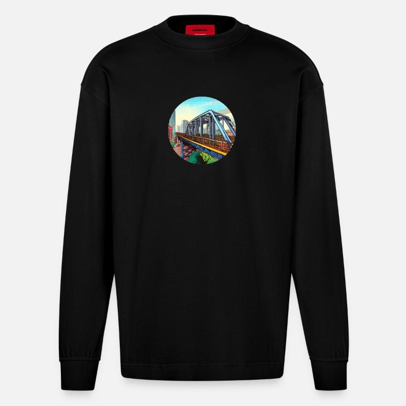 Comic Brücke in Stadt - Heavyweight Oversized Organic Langarmshirt Made in EU - SOLID BLACK