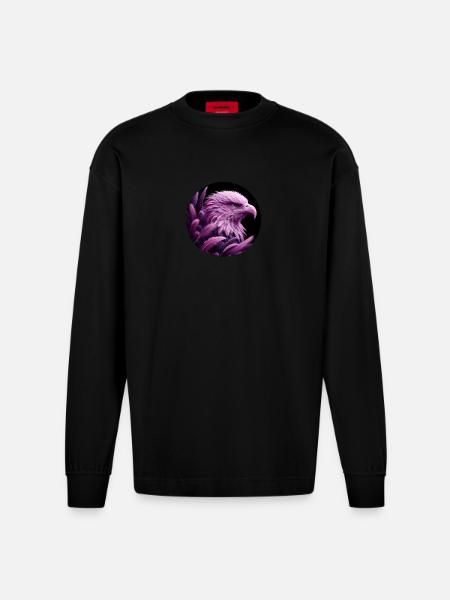 Purple Eagle Head with Feathers - Heavyweight Oversized Organic Longsleeve Shirt Made in EU - SOLID BLACK