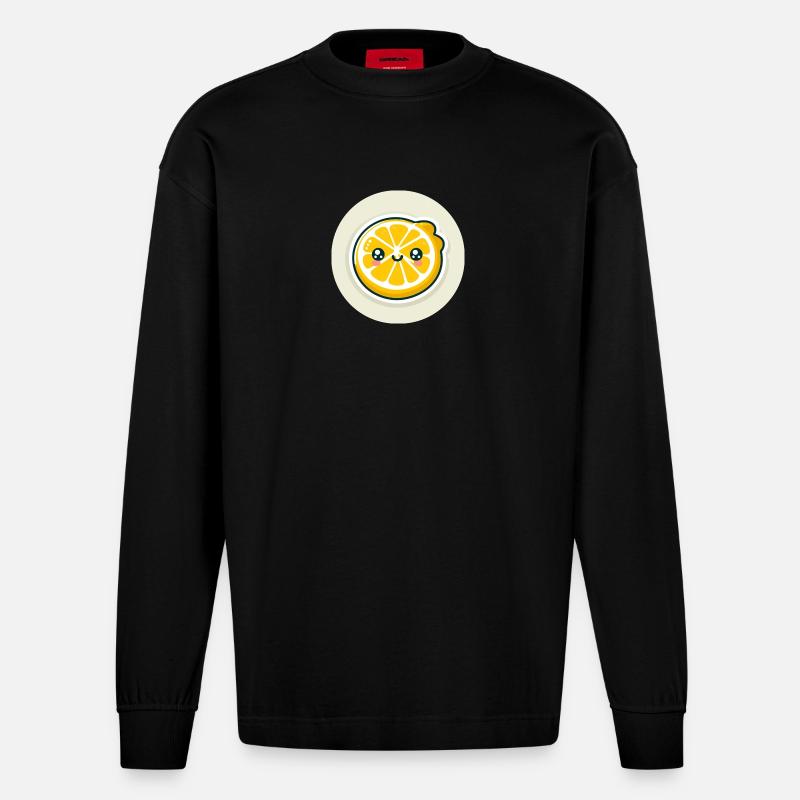 Yellow lemon slice with face - Heavyweight Oversized Organic Longsleeve Shirt Made in EU - SOLID BLACK