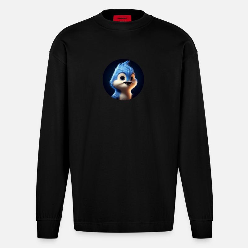 Blauer Vogel im Animationsstil - Heavyweight Oversized Organic Langarmshirt Made in EU - SOLID BLACK