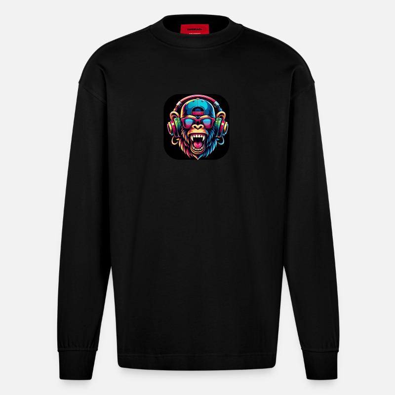 Singe Coloré Dents Rugissement Cap - Manches longues bio épais oversize fabriqué en UE - SOLID BLACK